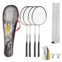 Kit Badminton com 4 Raquetes - 4 Petecas - Poste e Rede