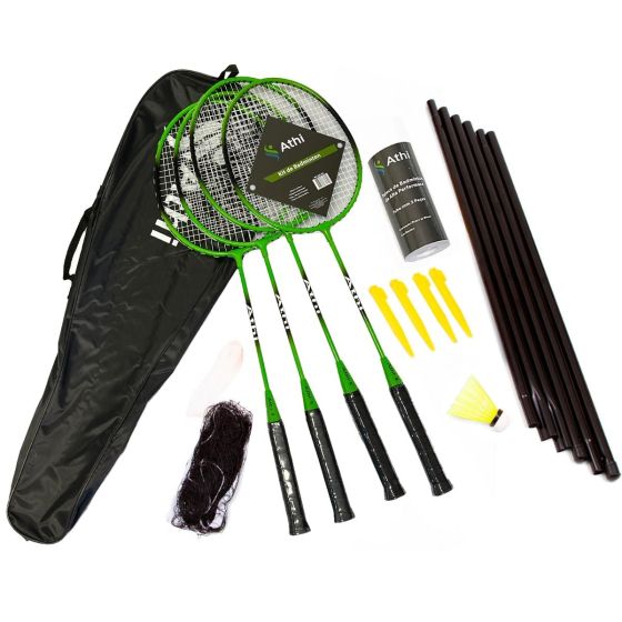 Kit Athi Badminton - 4 Raquetes - 3 Petecas - Rede e Suportes - Athi
