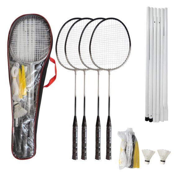 Kit Badminton com 4 Raquetes - 4 Petecas - Poste e Rede